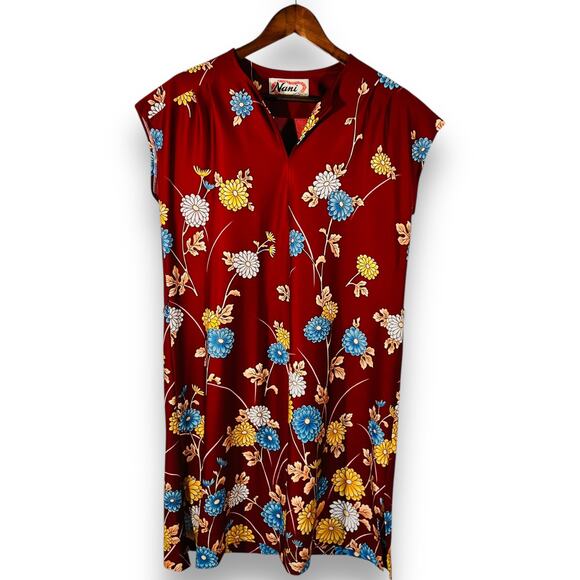Nani of Hawaii Dress Vintage 70s Floral Shift Hawaiian Red Boho Size M L - Picture 2 of 9